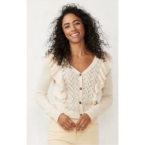 NWT LC Lauren Conrad Ruffle Pintelle Cardigan White Petite M